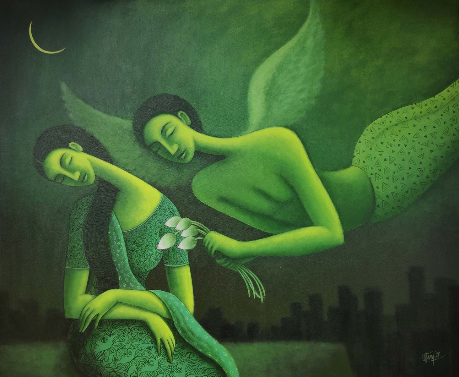 Figurative Painting with Acrylic on Canvas "Dream Love-2" art by Uttam Bhattacharya