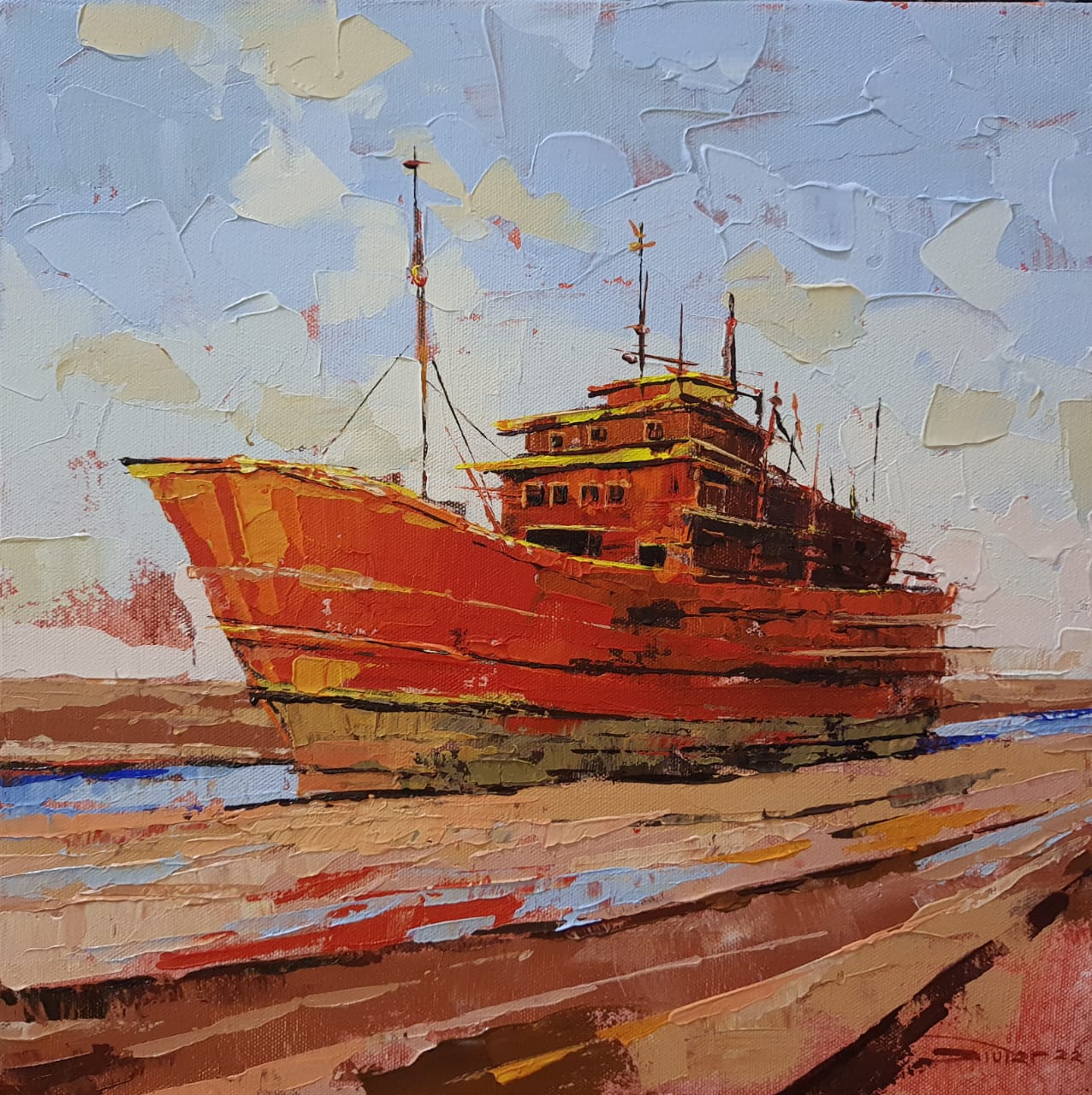 Semi Realistic Painting with Acrylic on Canvas "Ship" art by Ganesh Mhatre