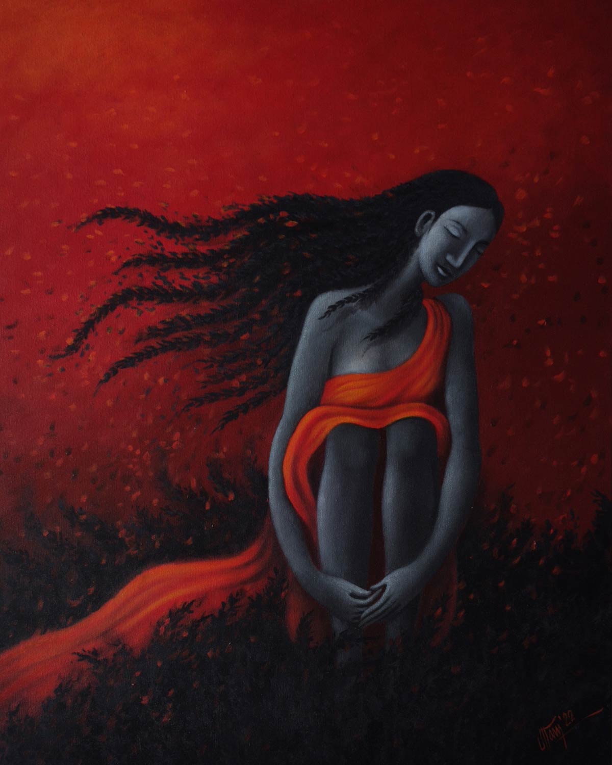 Figurative Painting with Acrylic on Canvas "Dreams within" art by Uttam Bhattacharya