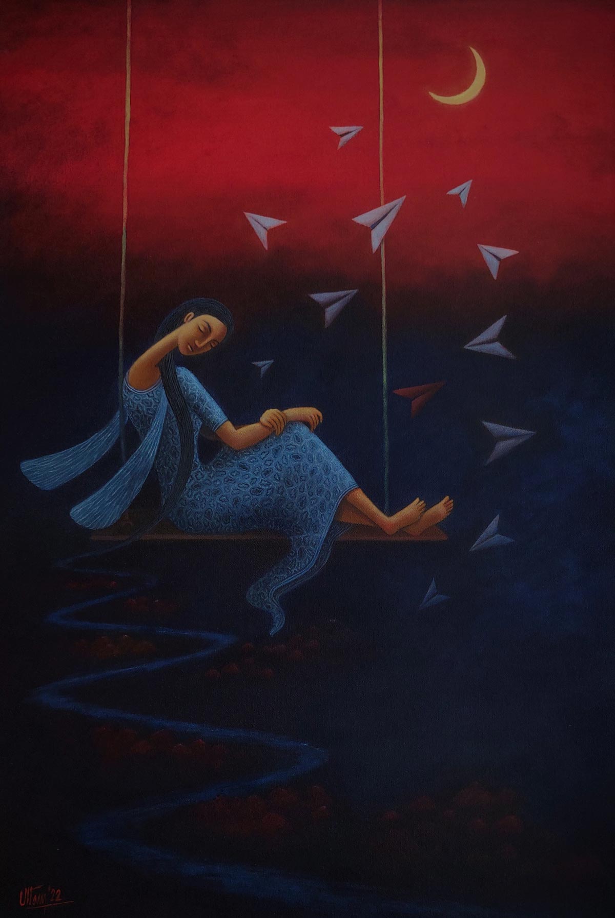 Figurative Painting with Acrylic on Canvas "Flying Dreams" art by Uttam Bhattacharya