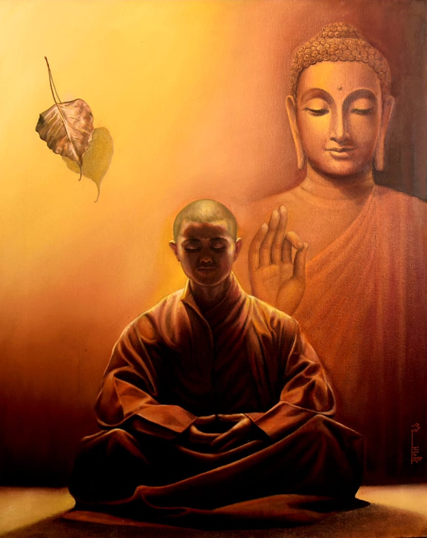 Figurative Painting with Acrylic on Canvas "Buddha-7" art by Swapan Roy