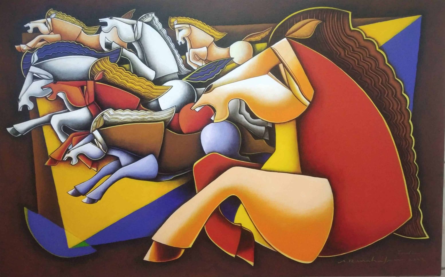Figurative Painting with Acrylic on Canvas "Seven Horses" art by Arvind Rajaram Mahajan