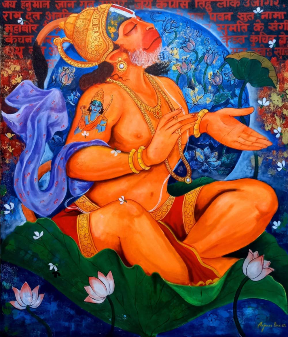 Figurative Painting with Acrylic on Canvas "Pawan Putra Hanuman" art by Arjun Das