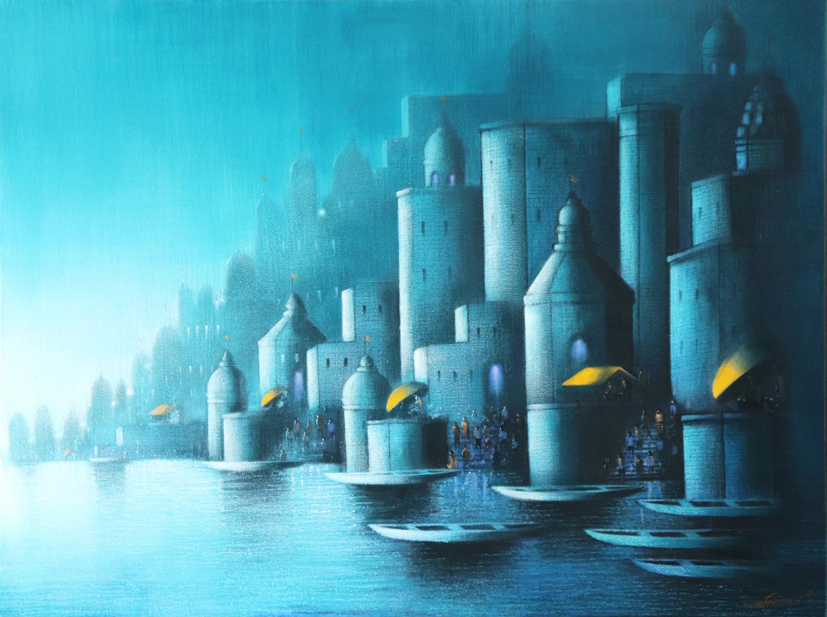 Semi Realistic Painting with Mixed Media on Canvas "Blue Night in Banaras" art by Somnath Bothe