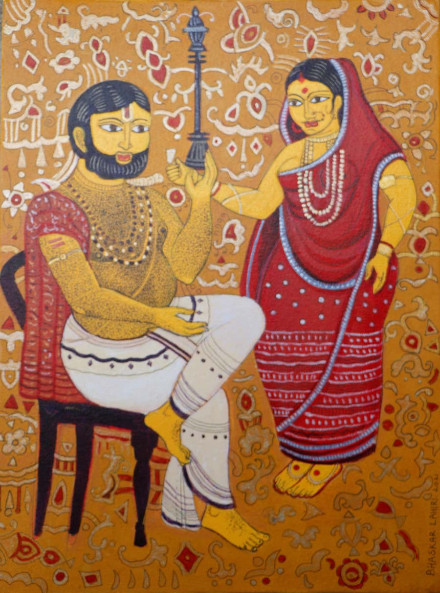 Figurative Painting with Acrylic on Canvas "Homage to Kalighat Pat-2" art by Bhaskar Lahiri