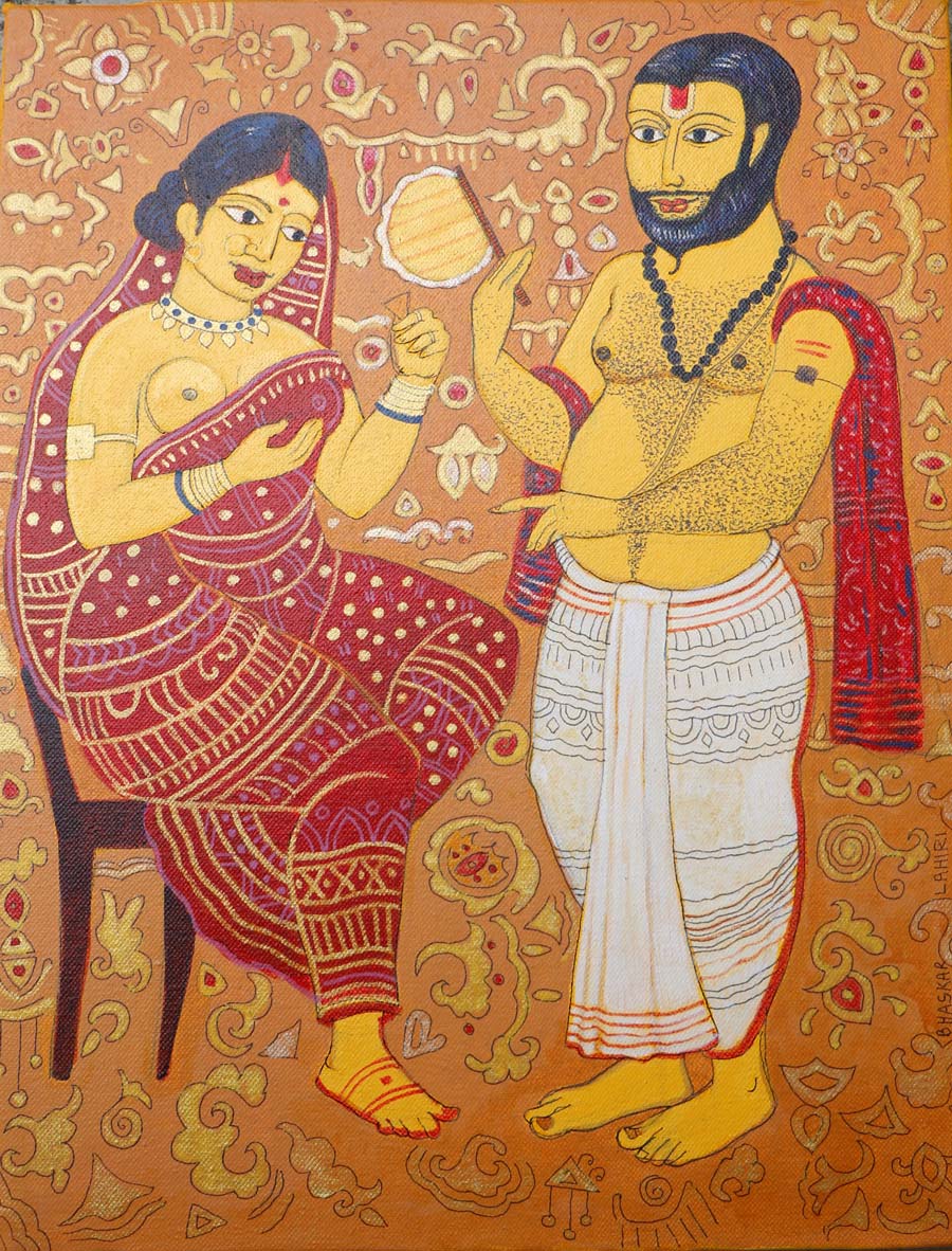 Figurative Painting with Acrylic on Canvas "Homage to Kalighat Pat-1" art by Bhaskar Lahiri