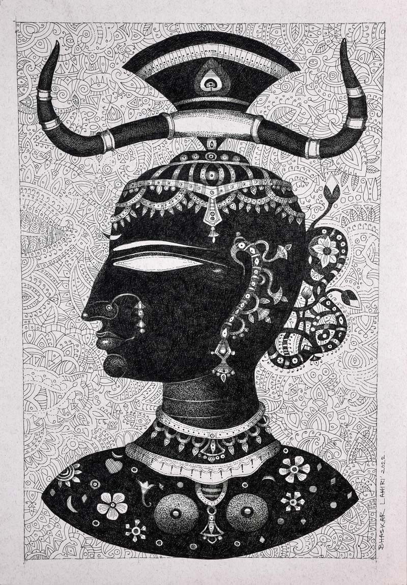 Figurative Drawing with Pen and Ink on Paper "Queen" art by Bhaskar Lahiri