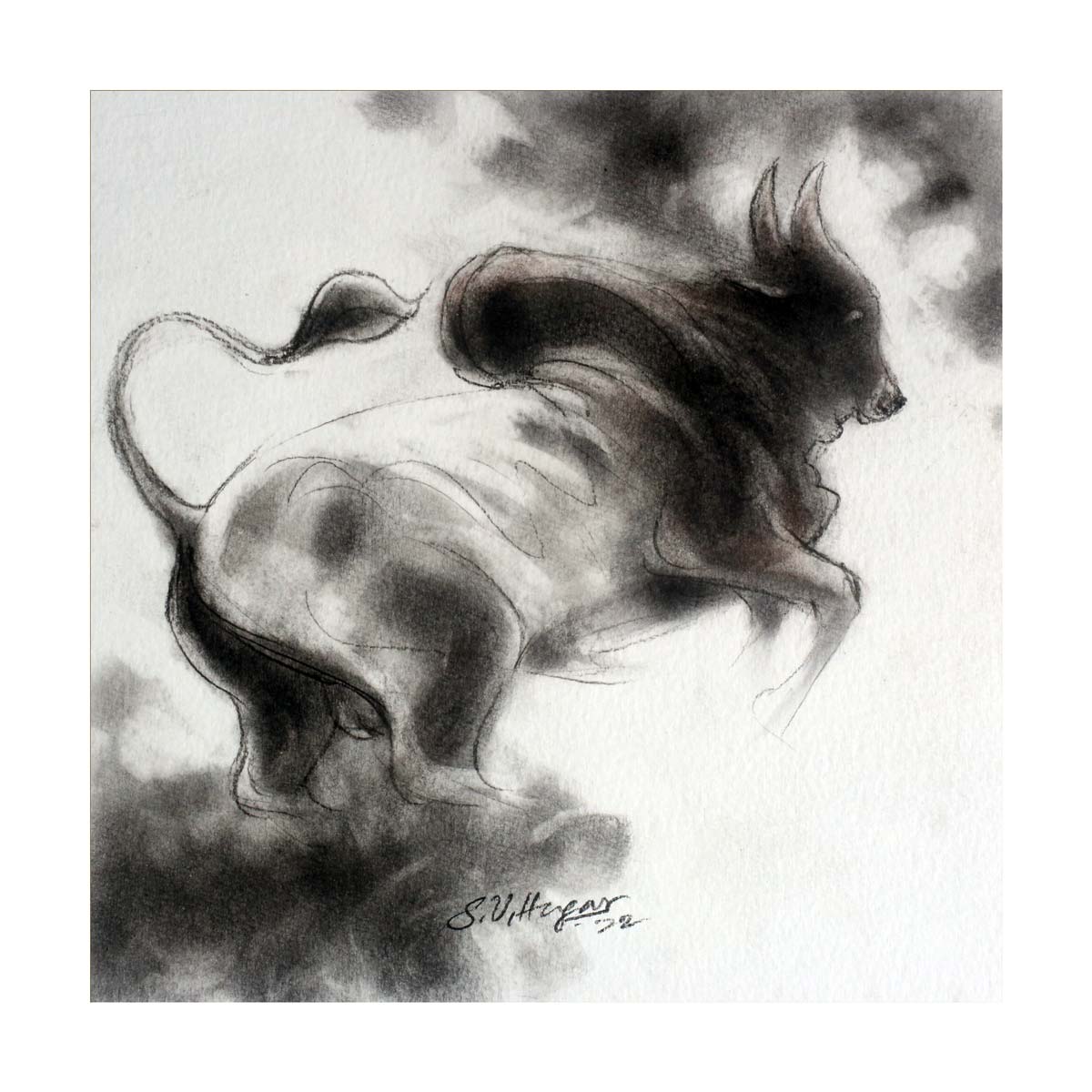 Figurative Drawing with Charcoal on Paper "Bull-7" art by S V Hugar