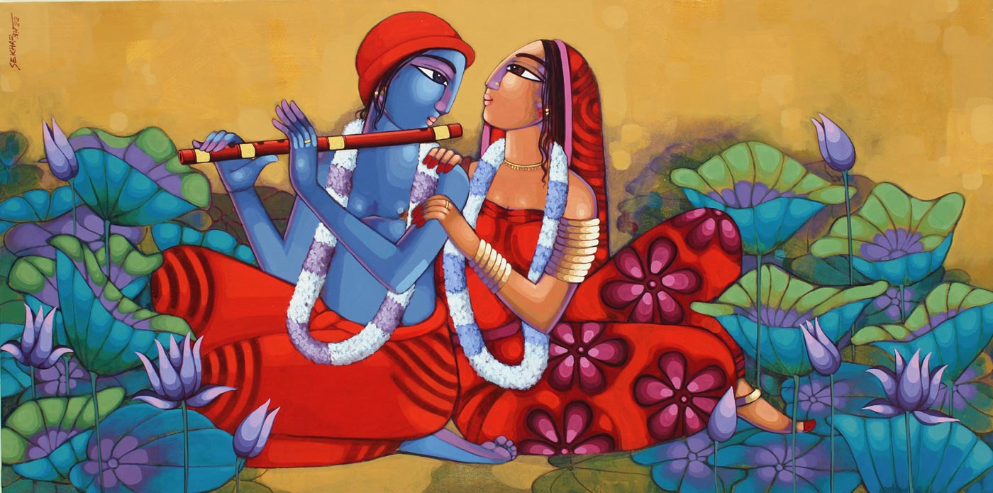 Figurative Painting with Acrylic on Canvas "Romantic couple-(2022)" art by Sekhar Roy