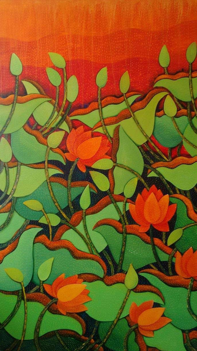 Figurative Painting with Acrylic on Canvas "Lotus" art by Sadaf Beg Khan