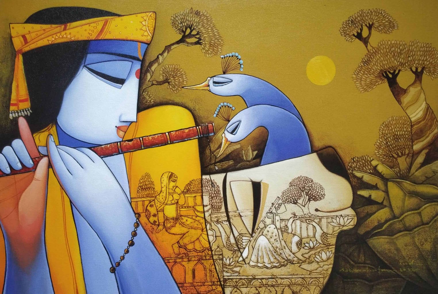 Figurative Painting with Acrylic on Canvas "Krishna with Peacock" art by Arvind Rajaram Mahajan