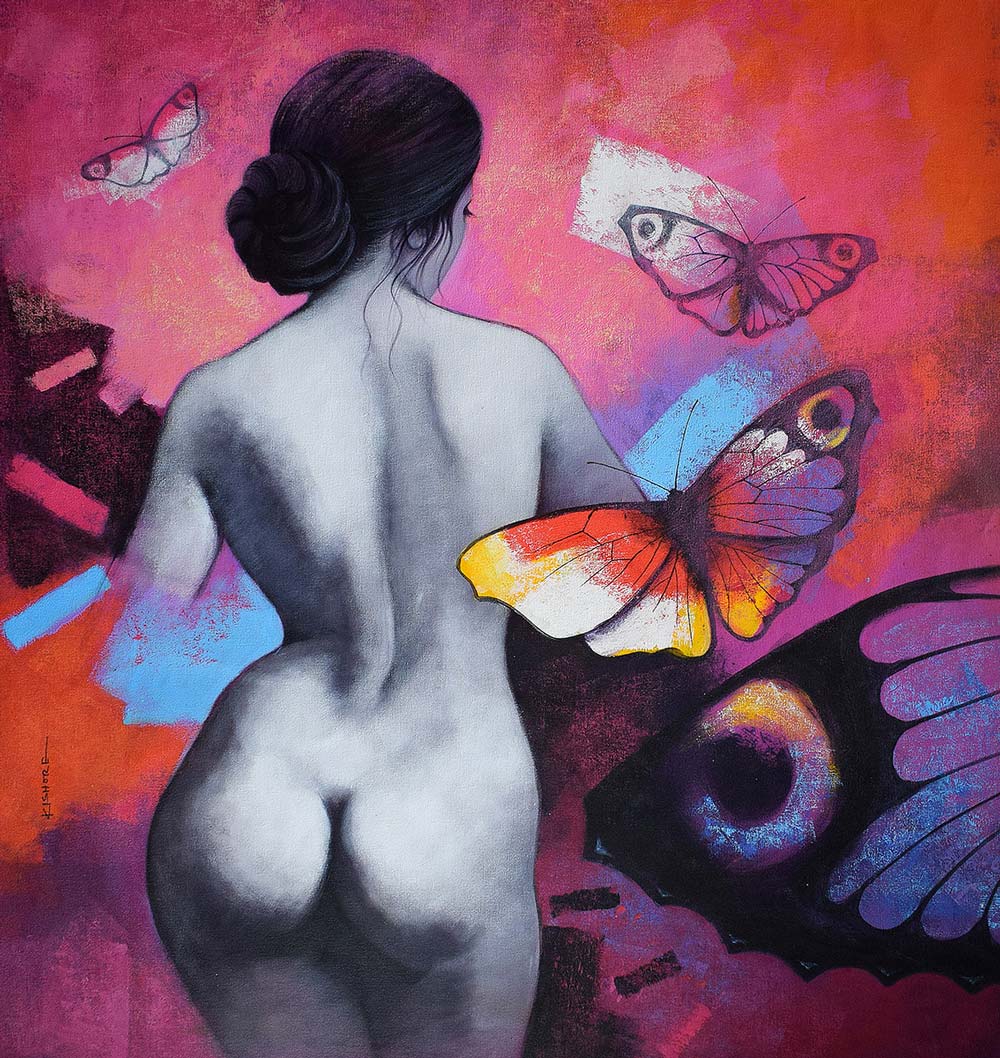 Figurative Painting with Acrylic on Canvas "Freedom of Beauty_30" art by Kishore Pratim Biswas