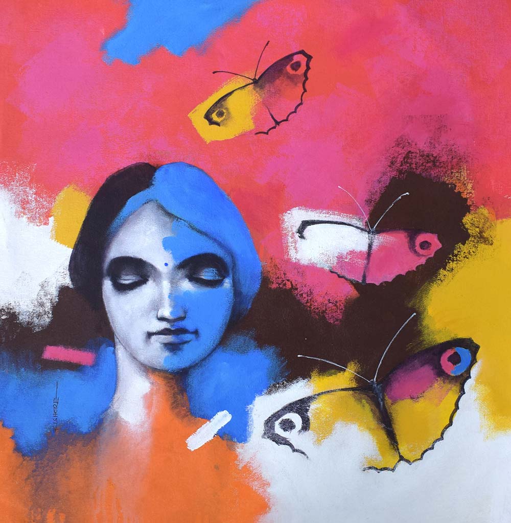 Figurative Painting with Acrylic on Canvas "Freedom of Beauty-22" art by Kishore Pratim Biswas