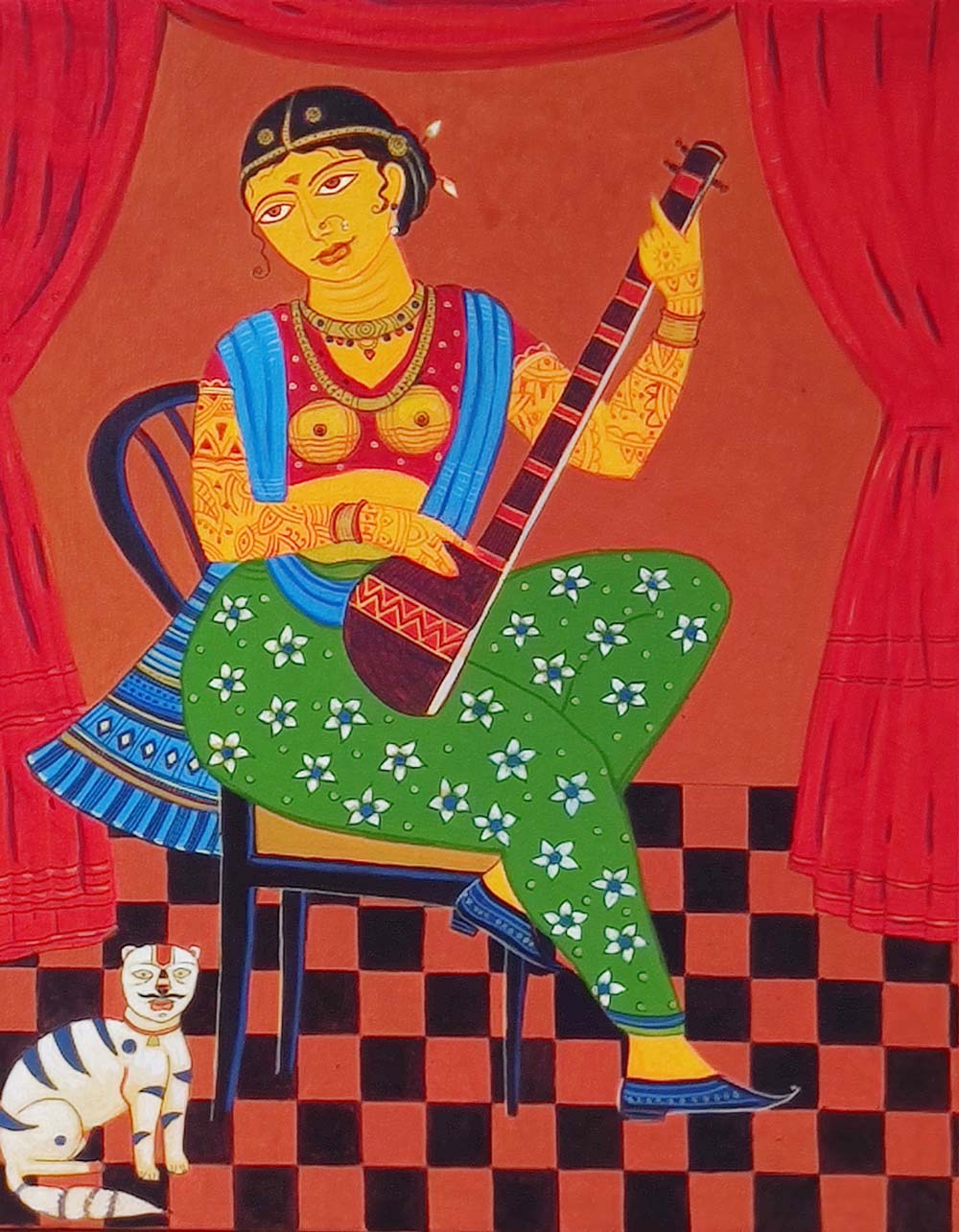 Figurative Painting with Acrylic on Canvas "Lady with Sitar" art by Bhaskar Lahiri