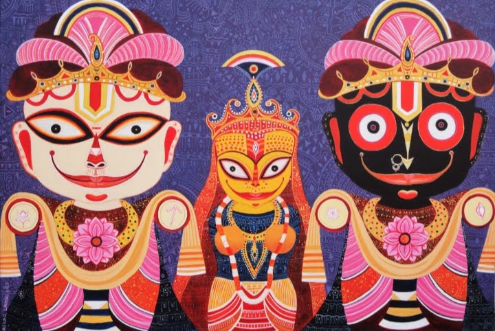 Figurative Painting with Acrylic on Canvas "Triratna" art by Bhaskar Lahiri