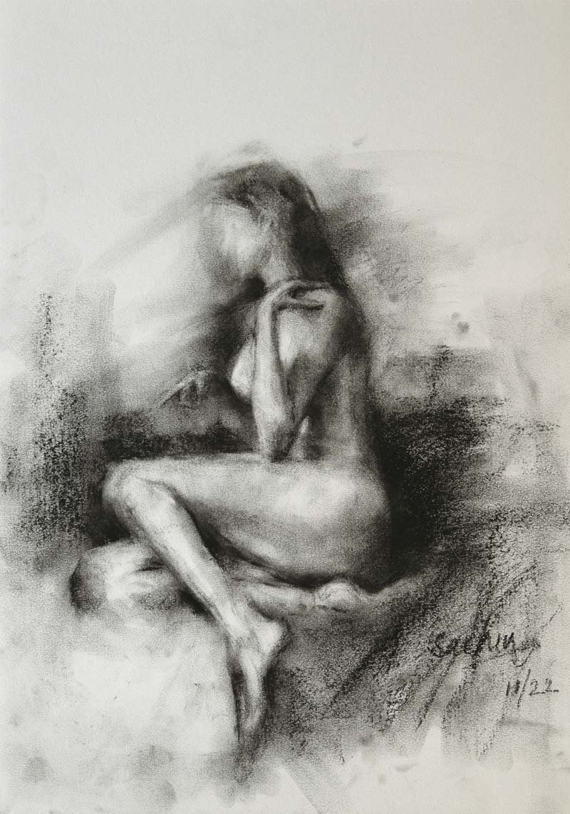 Figurative Drawing with Charcoal on Paper "Woman Sketch-008" art by Sachin Upadhye