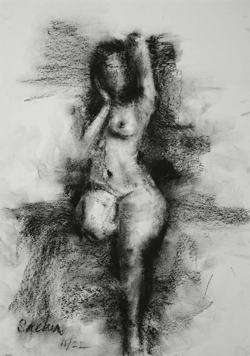 Figurative Drawing with Charcoal on Paper "Woman Sketch-004" art by Sachin Upadhye