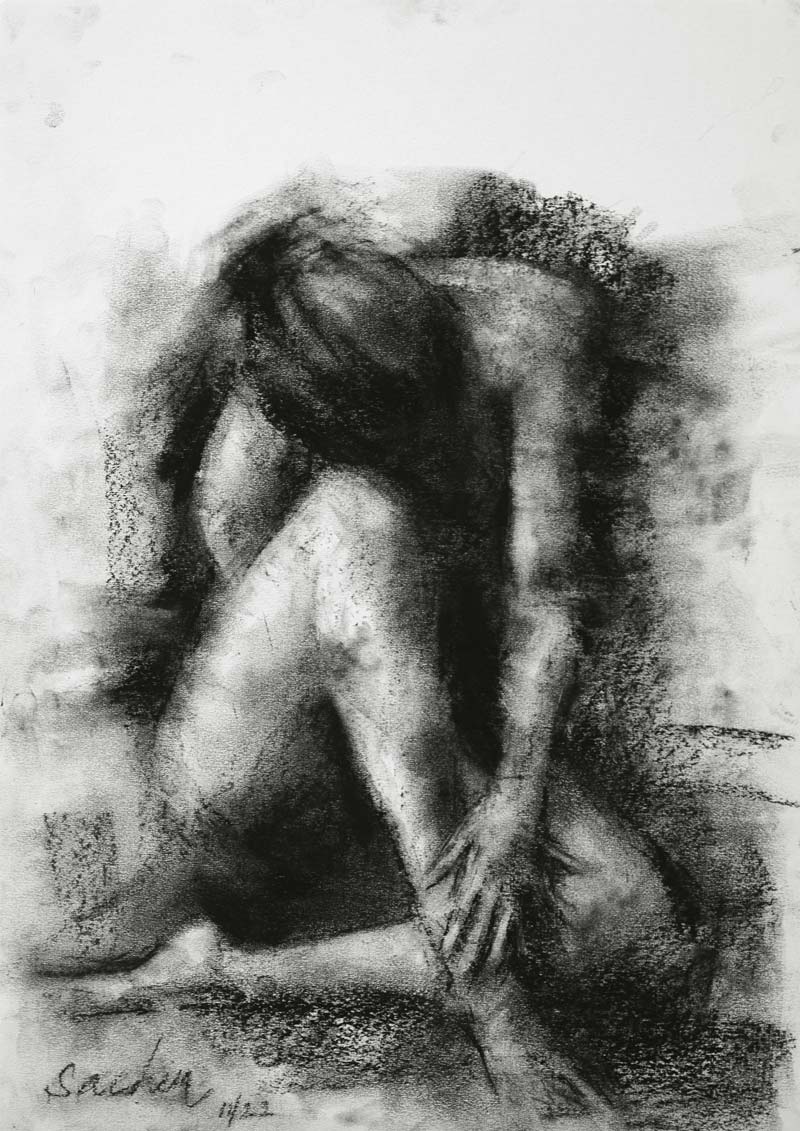 Figurative Drawing with Charcoal on Paper "Woman Sketch-003" art by Sachin Upadhye