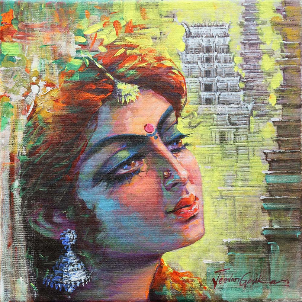 Figurative Painting with Acrylic on Canvas "Radha-1" art by Jeevan Gosika