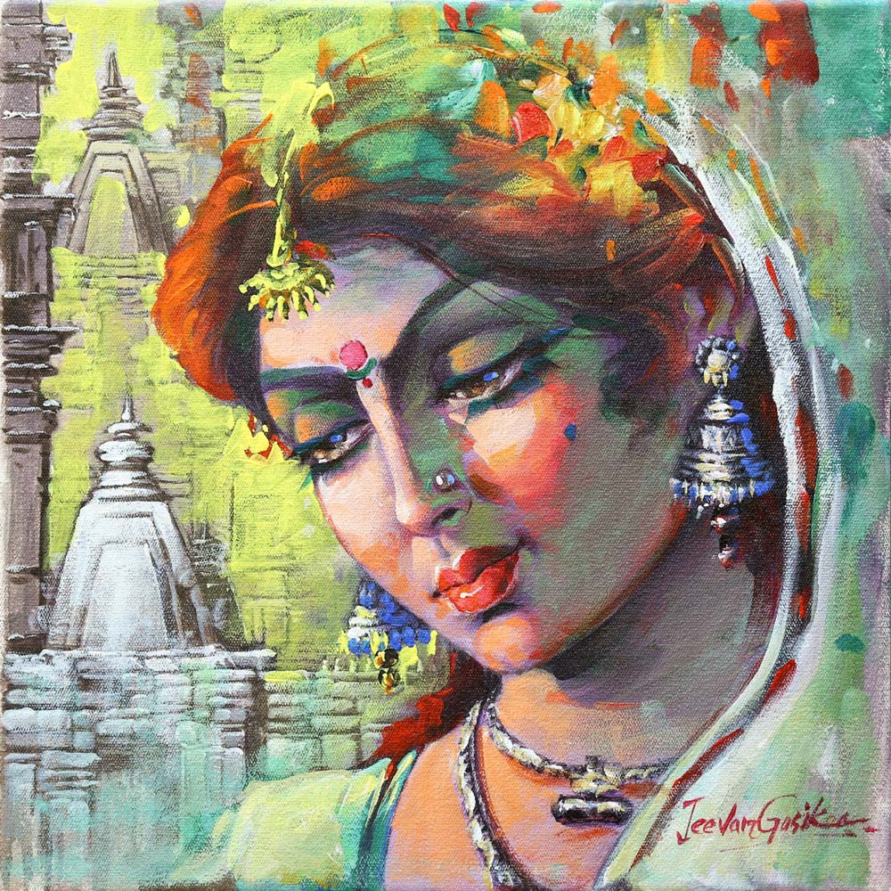 Figurative Painting with Acrylic on Canvas "Radha-2" art by Jeevan Gosika