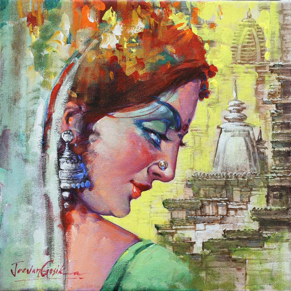 Figurative Painting with Acrylic on Canvas "Radha-4" art by Jeevan Gosika