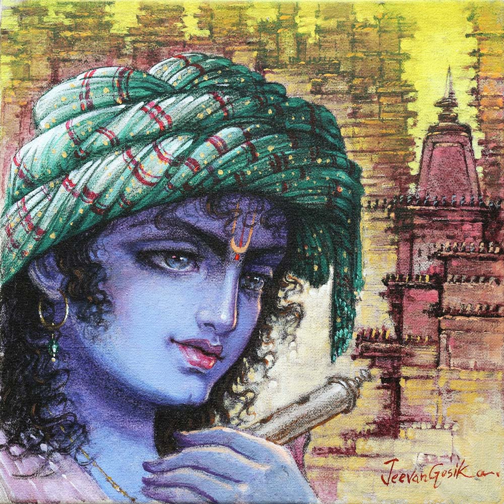 Figurative Painting with Acrylic on Canvas "Krishna-8" art by Jeevan Gosika