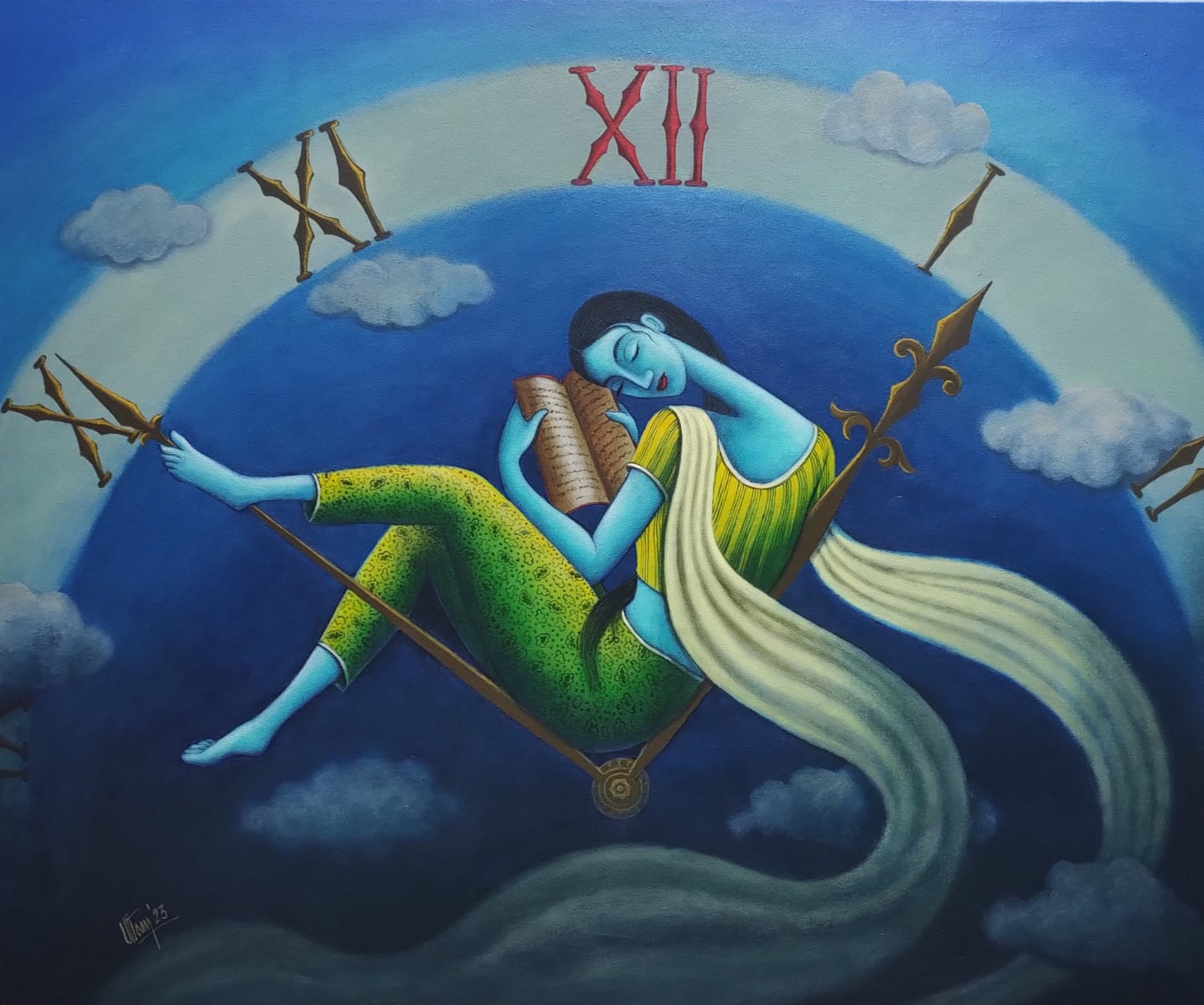 Figurative Painting with Acrylic on Canvas "Dream Time" art by Uttam Bhattacharya