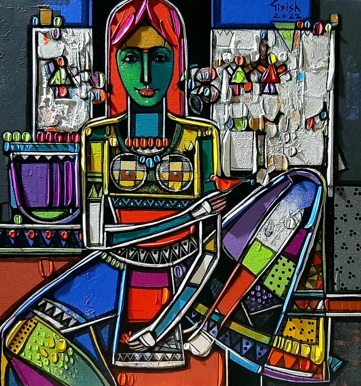 Figurative Painting with Acrylic on Canvas "Fruit Seller (2023)" art by Girish Adannavar 