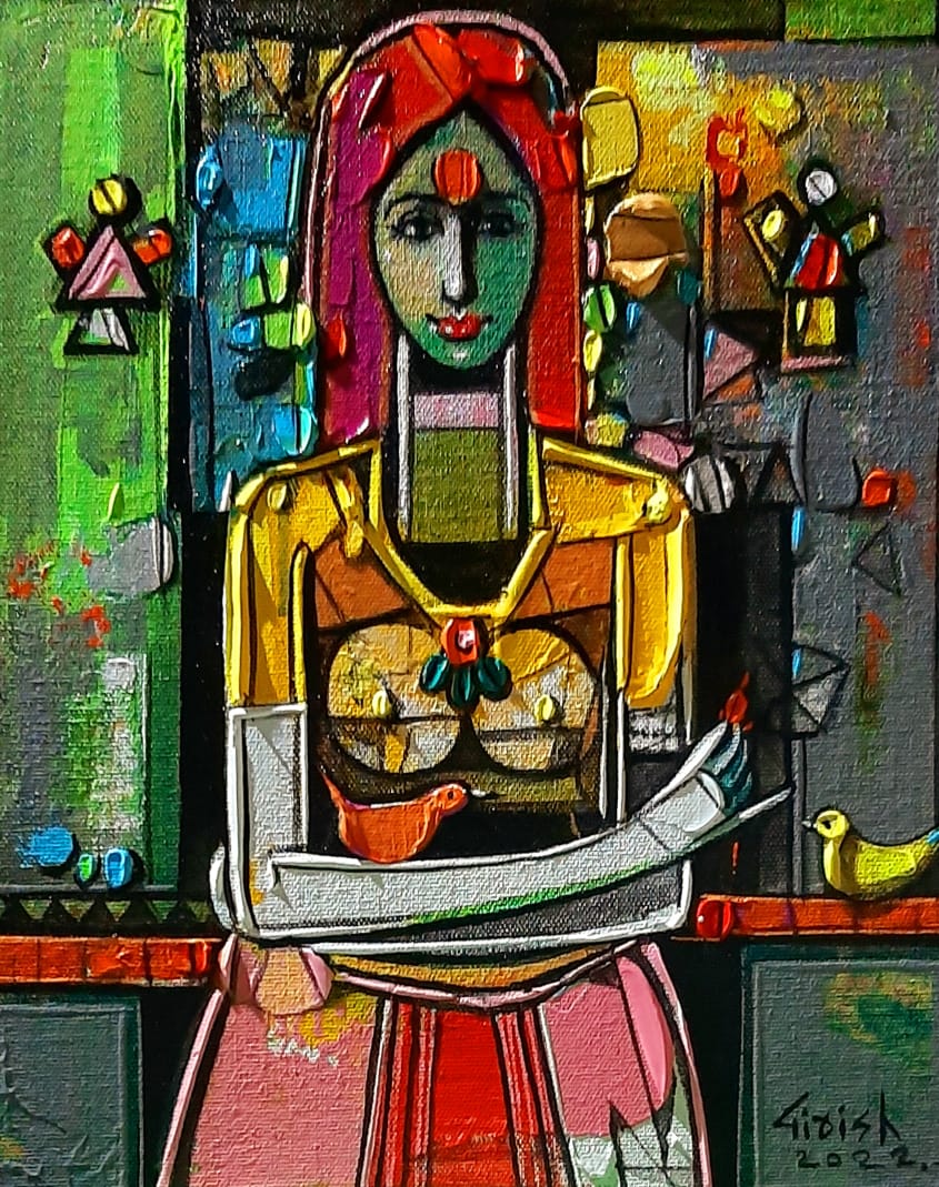 Figurative Painting with Acrylic on Canvas "Lady with bird-1" art by Girish Adannavar 