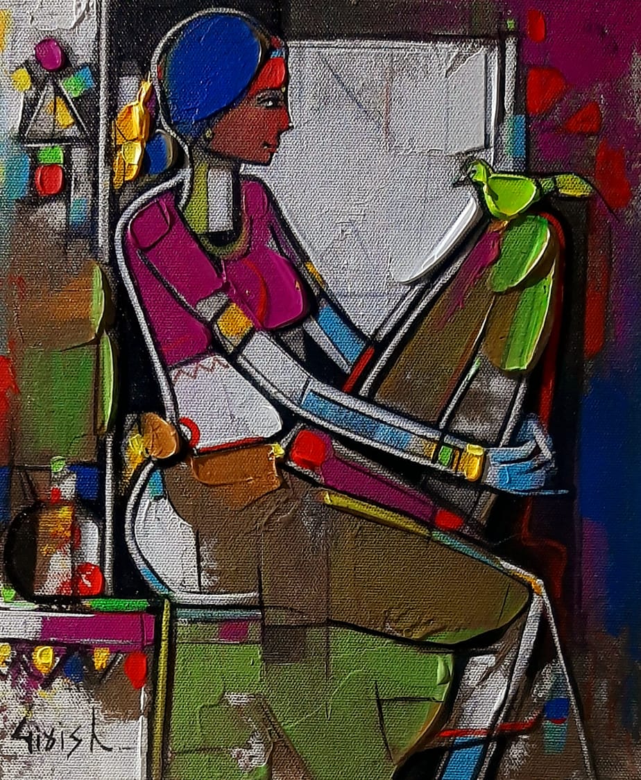 Figurative Painting with Acrylic on Canvas "Lady with bird-3" art by Girish Adannavar 