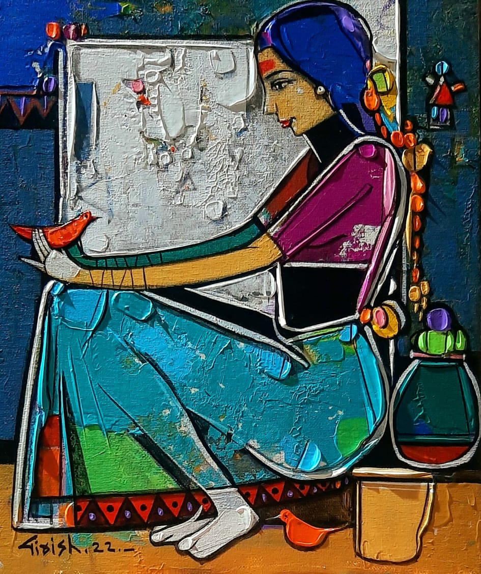 Figurative Painting with Acrylic on Canvas "Lady with bird-2" art by Girish Adannavar 
