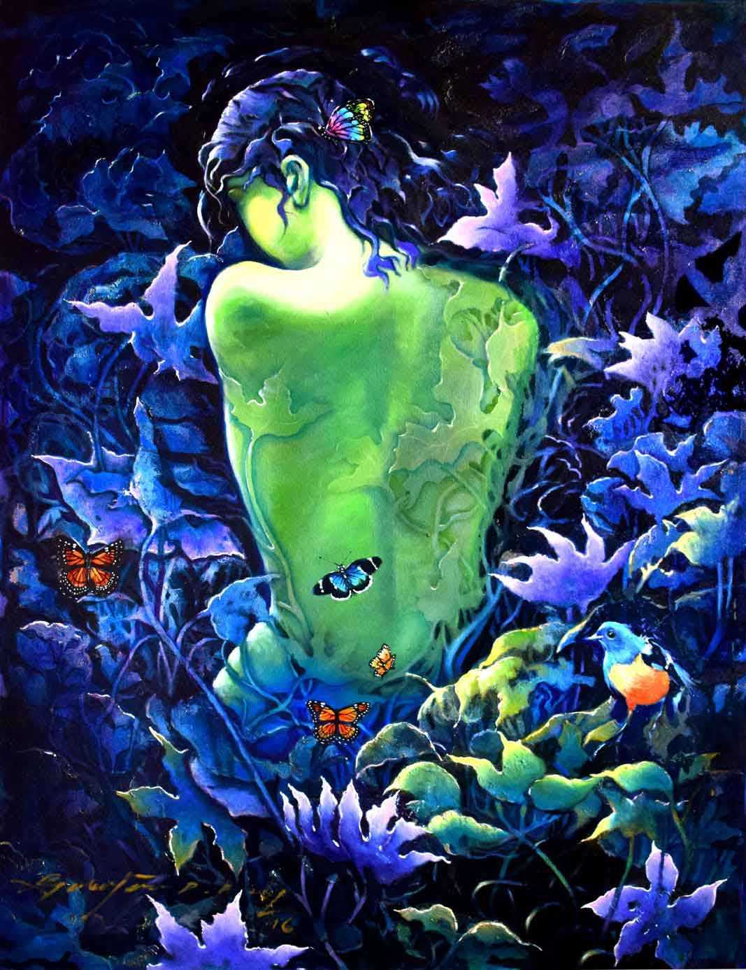Semi Realistic Painting with Oil on Canvas "Moonlight Leaves" art by Gautam Partho Roy