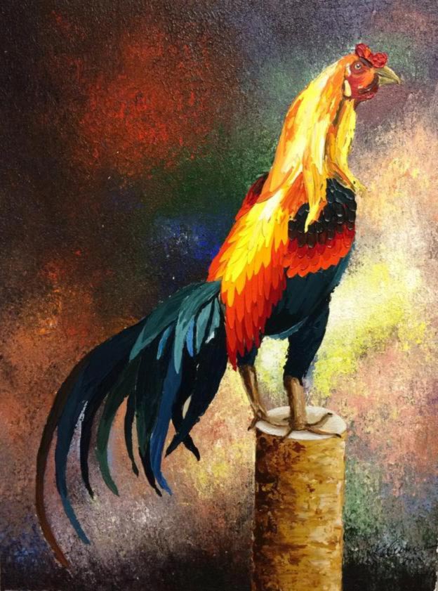 Realism Painting with Acrylic on Canvas "Indian Rooster-2" art by Kolusu 