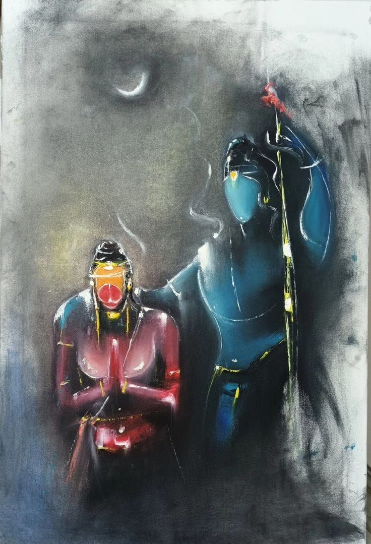 Figurative Painting with Oil on Canvas "Shiv and Hanuman" art by Shiv Lal Bagria