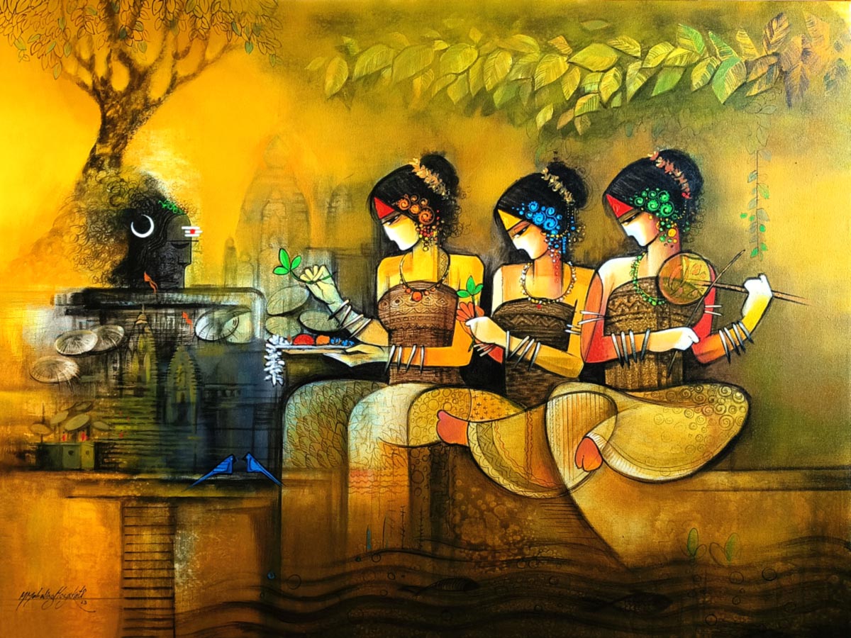 Figurative Painting with Acrylic on Canvas "Shiv Pooja" art by Mahaling R Hosakoti