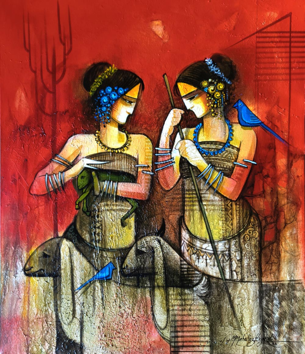 Figurative Painting with Acrylic on Canvas "Sisters and Goat" art by Mahaling R Hosakoti