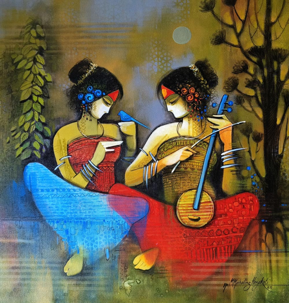 Figurative Painting with Acrylic on Canvas "Sisters" art by Mahaling R Hosakoti