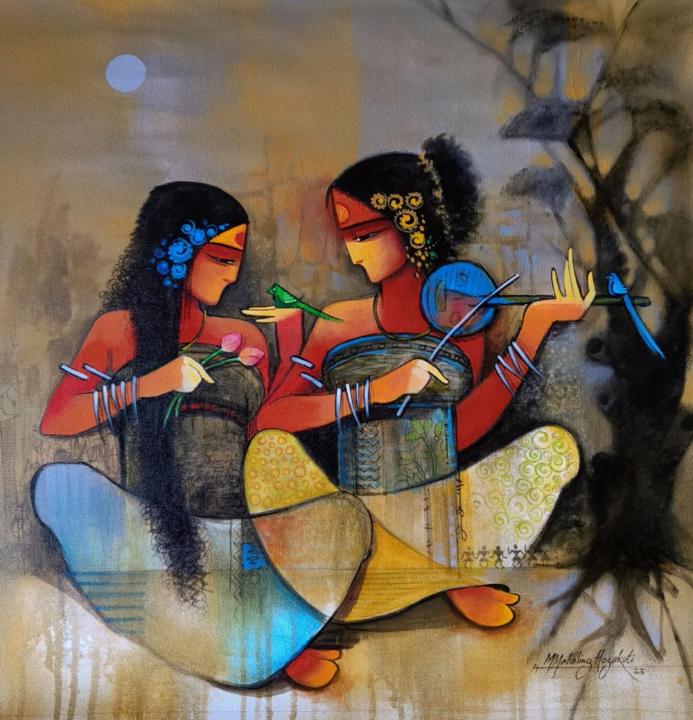 Figurative Painting with Acrylic on Canvas "Sisters-1" art by Mahaling R Hosakoti