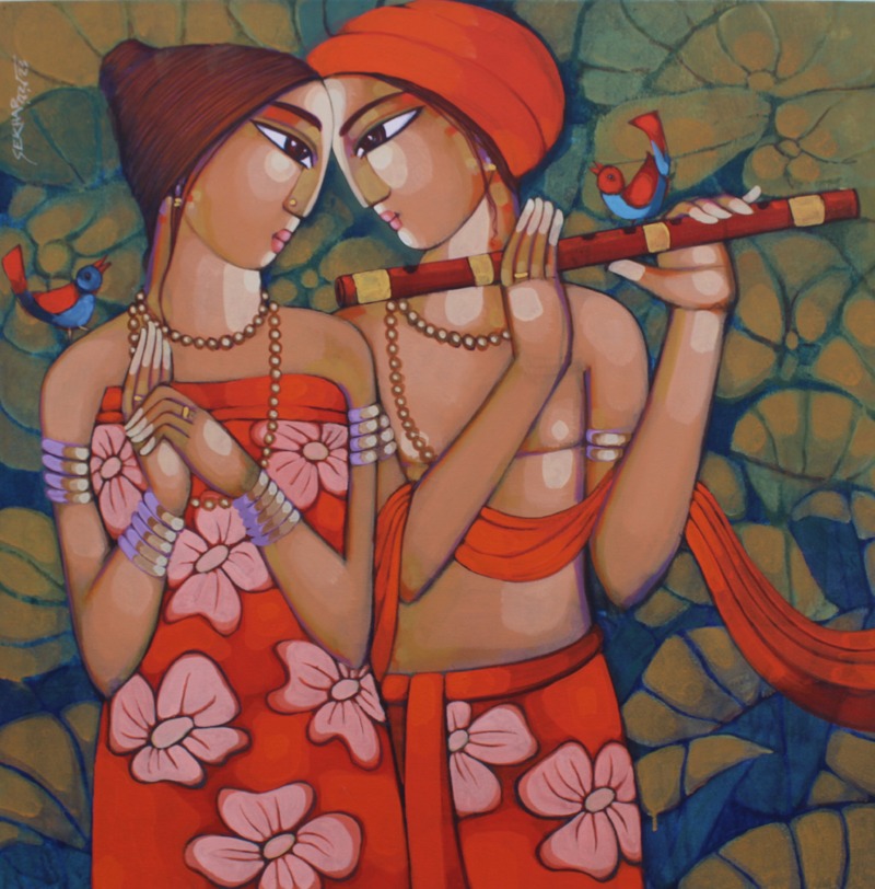 Figurative Painting with Acrylic on Canvas "Romantic Couple" art by Sekhar Roy