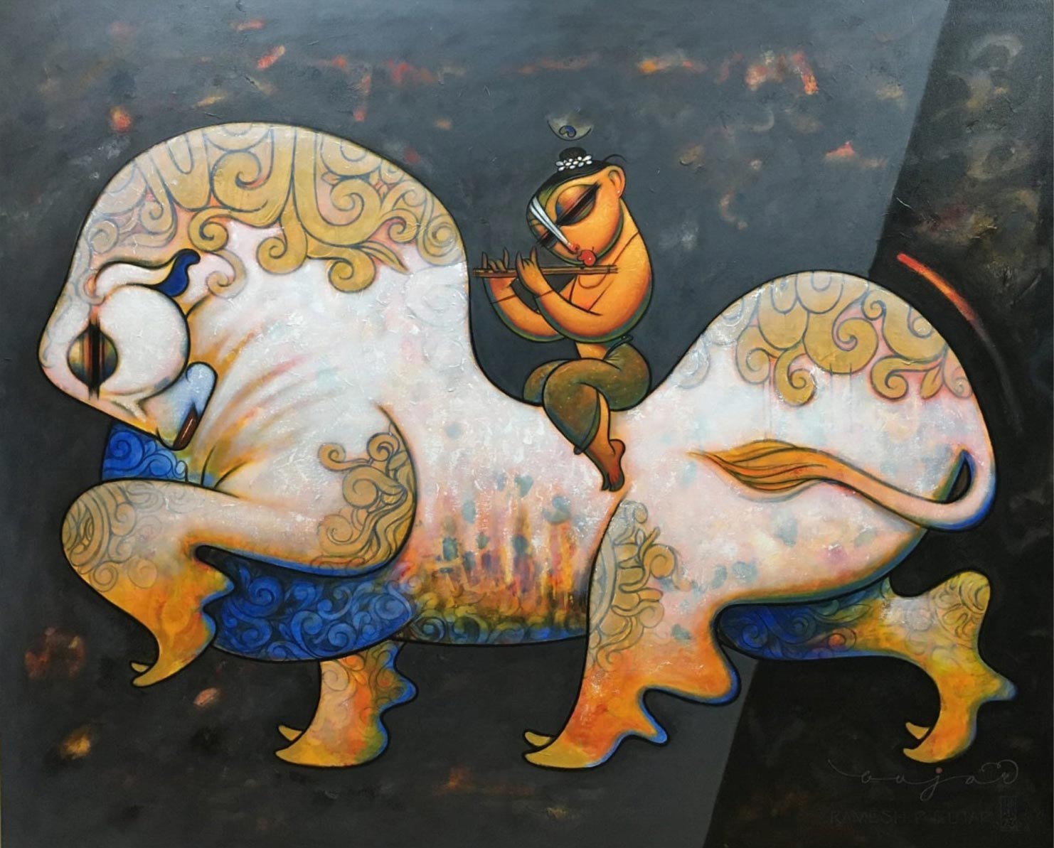 Contemporary Painting with Acrylic on Canvas "Krishna with Cow-3" art by Ramesh P Gujar
