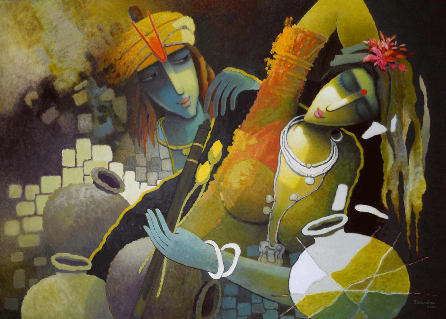 Contemporary Painting with Oil on Canvas "Krishna" art by Surendra Pal Singh