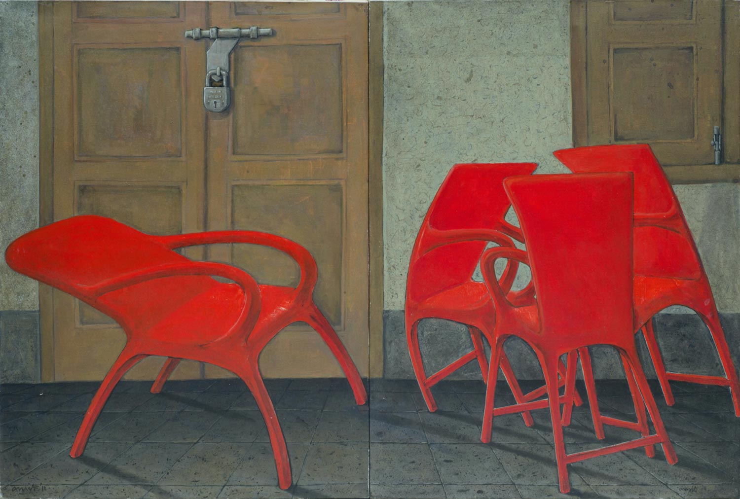 Contemporary Painting with Acrylic on Canvas "Story of Red Chair-2" art by Amit Chakraborty