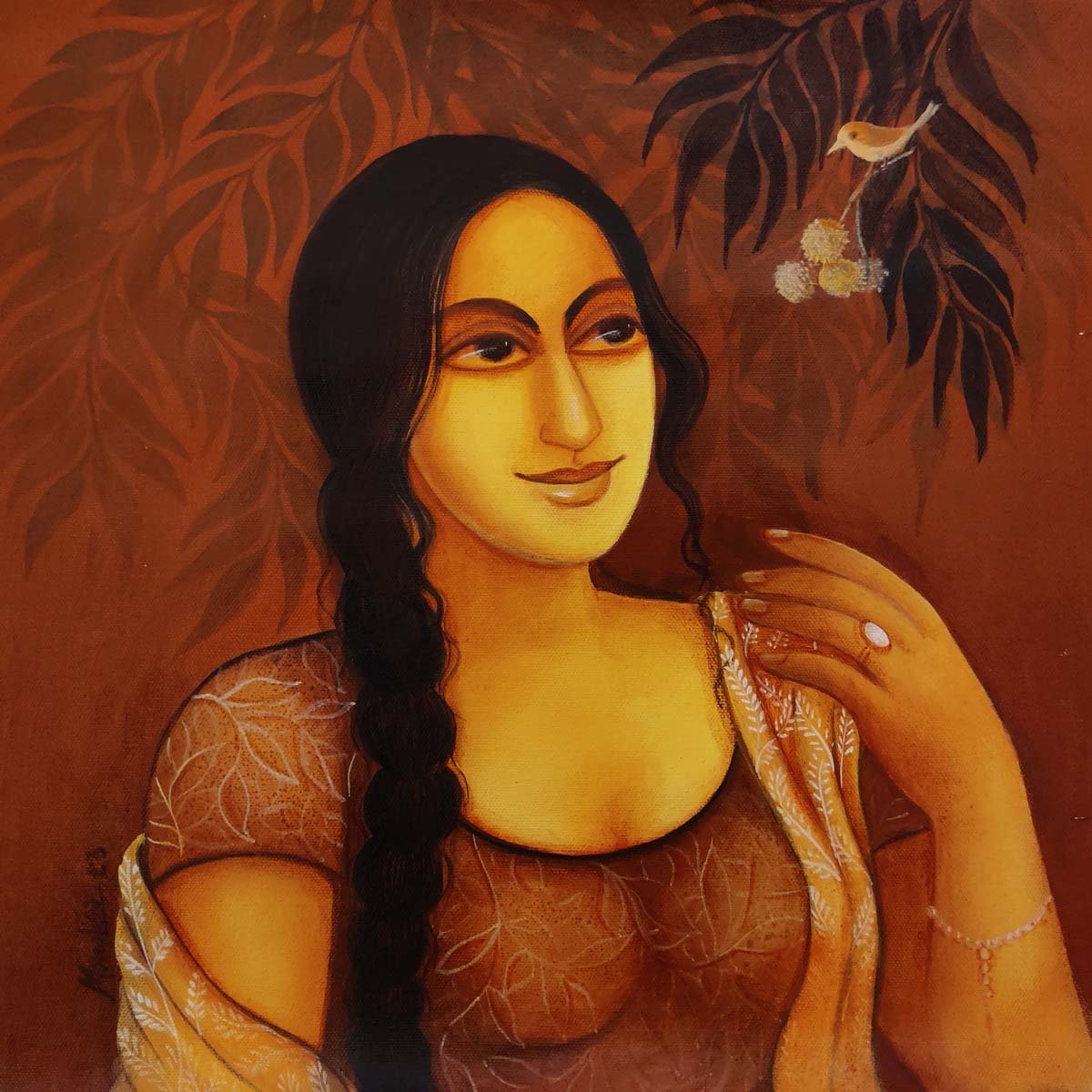 Figurative Painting with Acrylic on Canvas "Life with nature - 2" art by Monalisa Sarkar Mitra