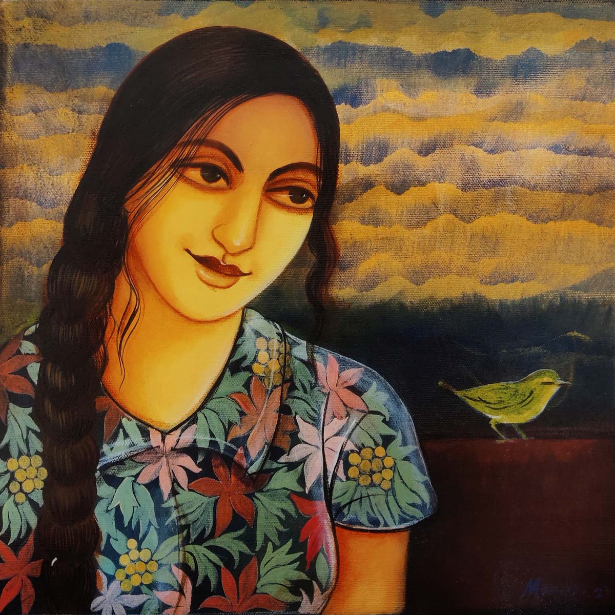 Figurative Painting with Acrylic on Canvas "Life with nature - 1" art by Monalisa Sarkar Mitra