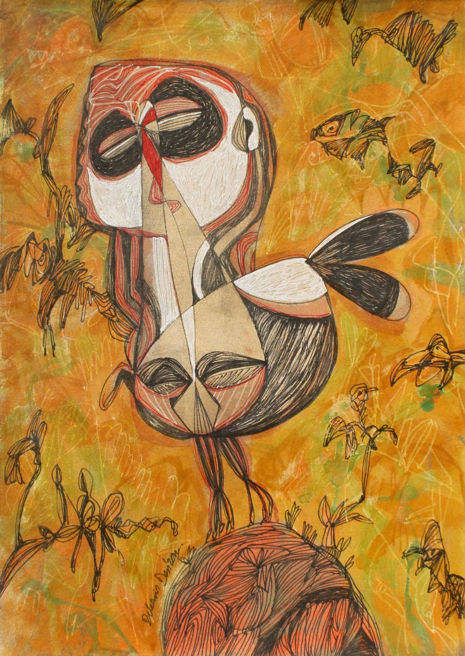 Figurative Drawing with Mixed Media on Paper "The bird with red beak" art by Debasis Das