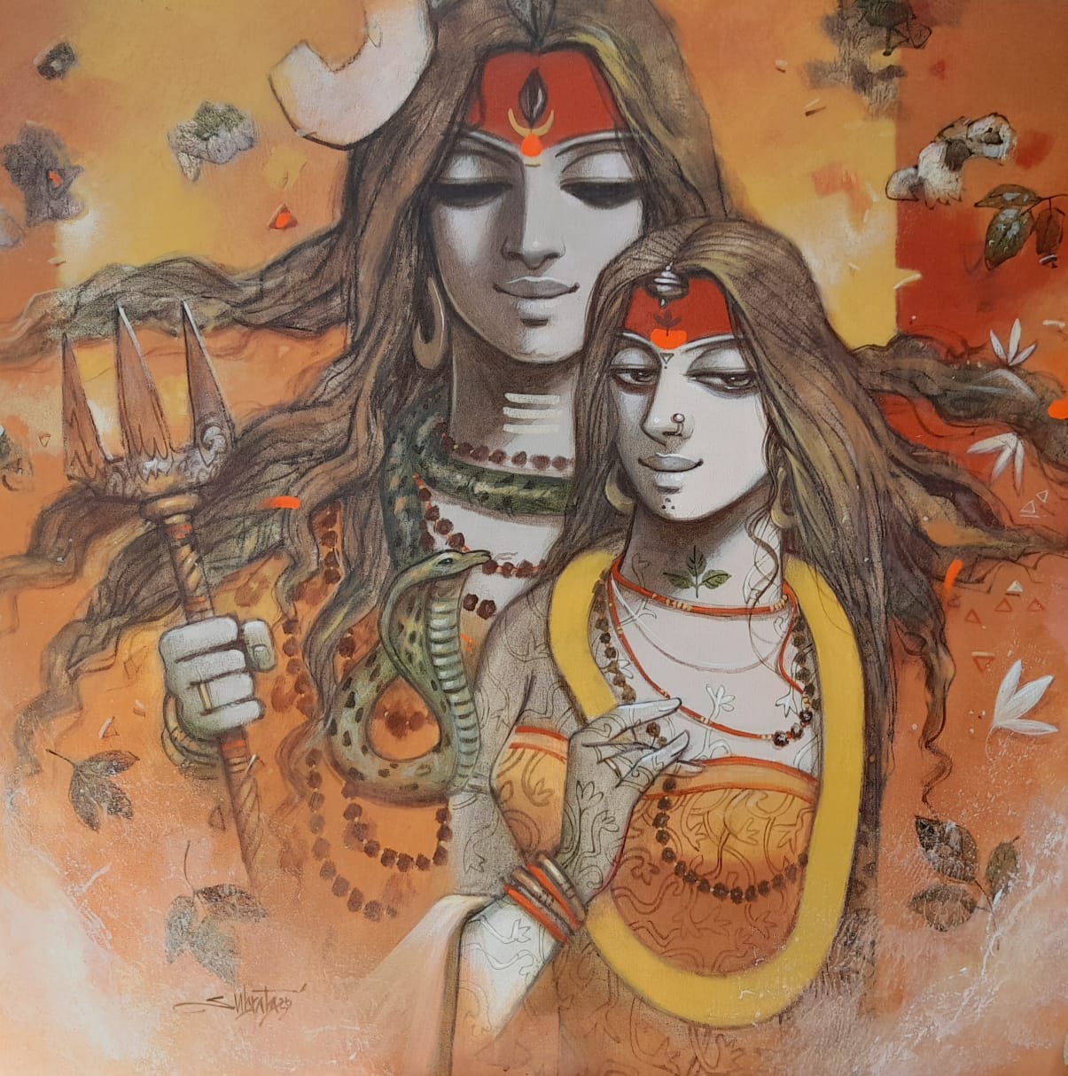 Figurative Painting with Acrylic on Canvas "Jugal" art by Subrata Das