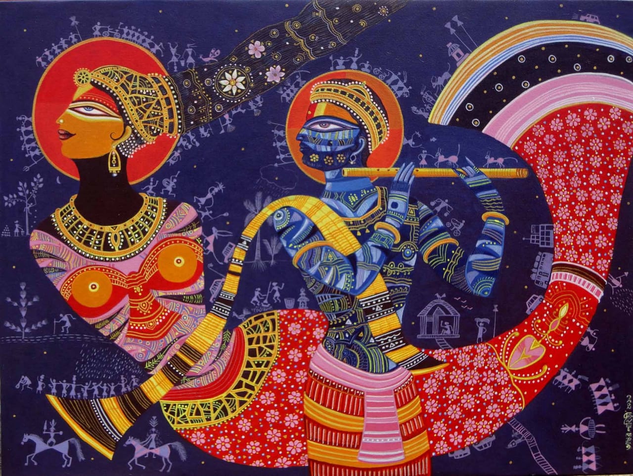 Contemporary Painting with Acrylic on Canvas "Dream girl with Krishna" art by Bhaskar Lahiri