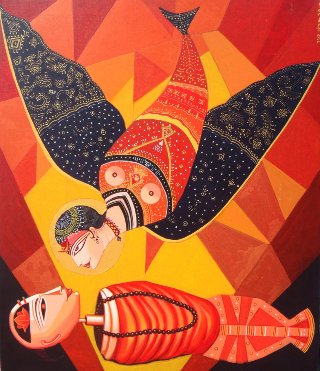 Figurative Painting with Acrylic on Canvas "Divine Love" art by Bhaskar Lahiri