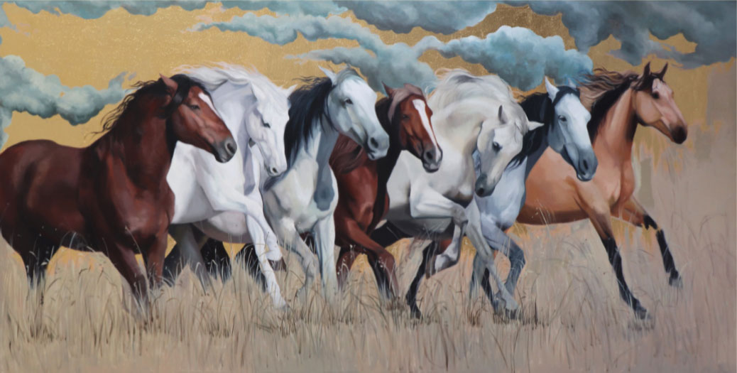 Figurative Painting with Oil on Canvas "Seven Horses" art by Mahesh Nirantare