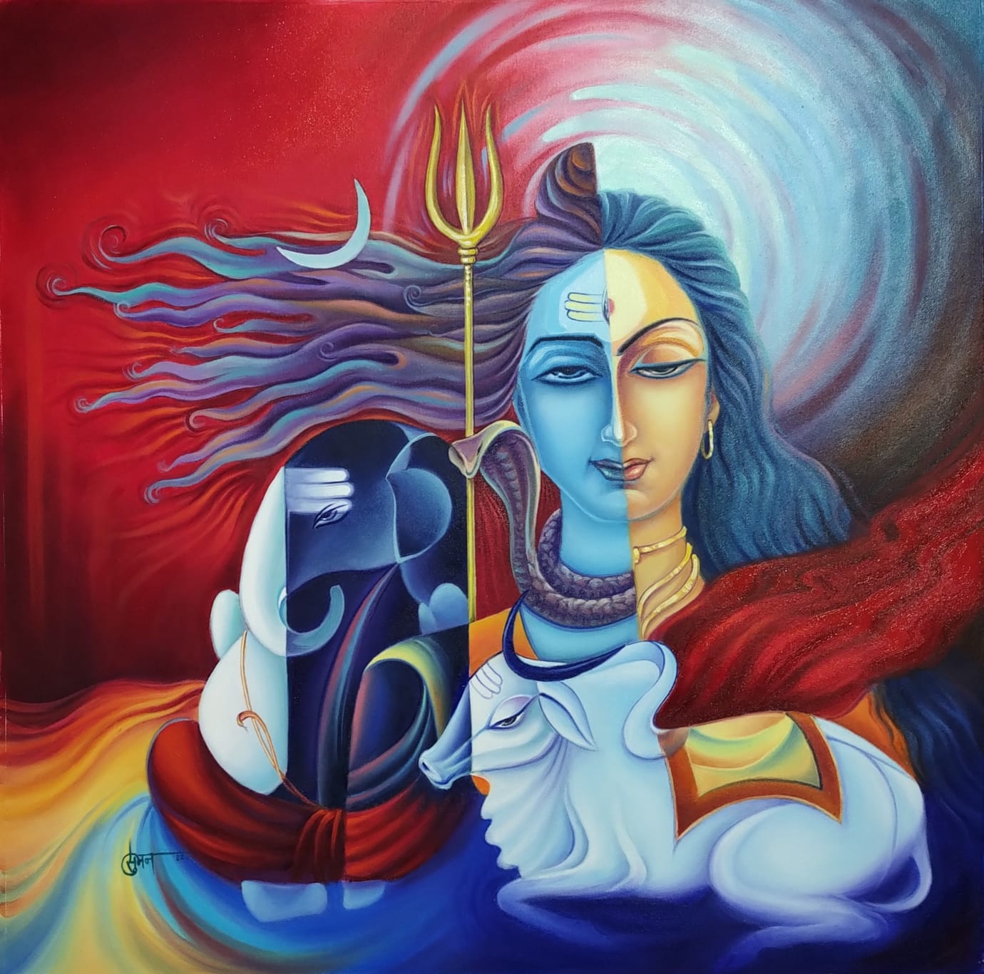 Figurative Painting with Oil on Canvas "Shiv Parivar" art by Suman Verma